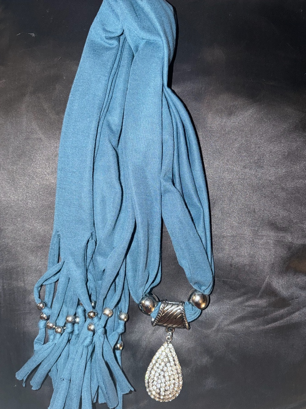 Hand Crafted Boho Steel Blue Scarf/Belt/Wrap w/Silver Beads, Pendant, Fringe OS